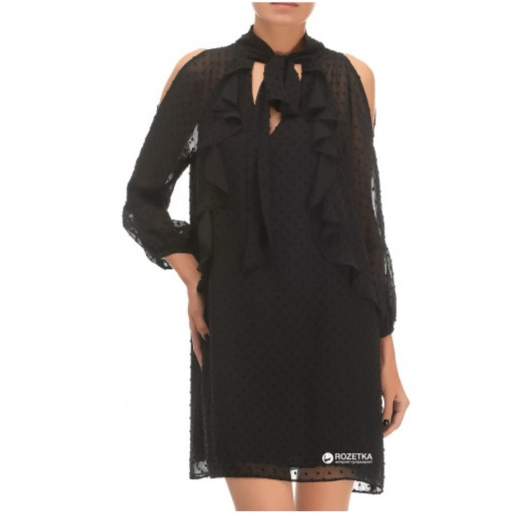 Zara Black Long Sleeve Ruffle Dress exposes shoulder